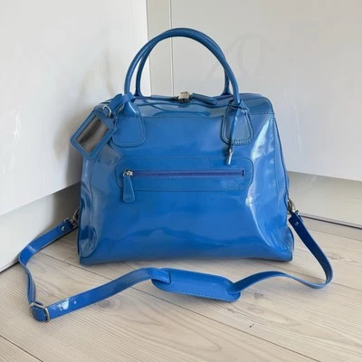 Marks and spencer Holdall Duffel luggage Bag Patent Blue Faux Leather Lock Key - Image 1 of 4