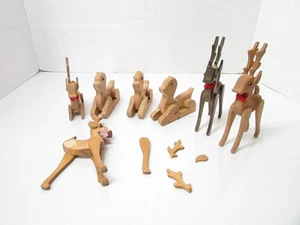 Preowned 7 Wooden Reindeer Bow Xmas Decor Few Broken Pieces Standing and Sitting - Picture 1 of 9