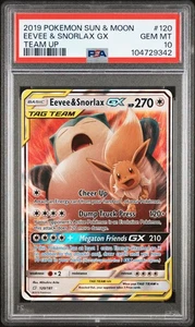 2019 POKEMON SUN & MOON TEAM UP #120 EEVEE & SNORLAX GX PSA 10 - Picture 1 of 2