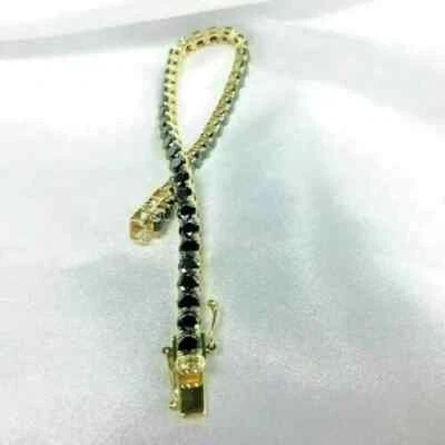 Pulseira de tênis feminina corte redondo 8,00 quilates diamante preto acabamento em ouro amarelo 14k - Imagem 1 de 4