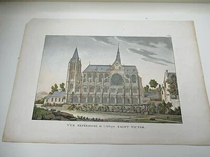 BELLE GRAVURE COULEURS VUE EXTERIEURE EGLISE SAINT-VICTOR PARIS 1830-40 - Picture 1 of 3