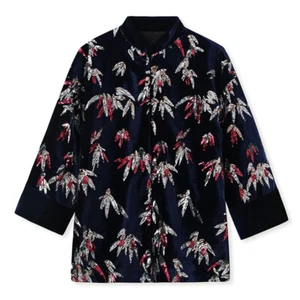 New Chinese Style Velvet Womens Sequins Floral Embroidery Quilted Coat Jacket Sz - Picture 1 of 21