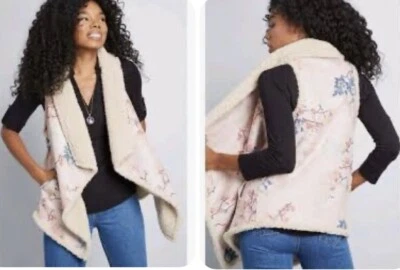 BB DAKOTA Chaleco Mujer’s XS Pergamino Rosa Floral Abierto Reversible Sherpa $110 NUEVO Foto 1 de 4