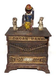 FABULOUS VINTAGE KYSER & REX 1882 MECHANICAL MONKEY CAST IRON PAINTED ORGAN BANK - Picture 1 of 15