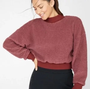 Fabletics Malia Polar Fleece Pullover Top Cropped Red Crew Neck Sherpa Cozy L - Picture 1 of 12
