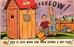 Boys Pranking Outhouse More Fun Than Giving Hot Foot Comic Humor Postcard - Bild 1 von 2
