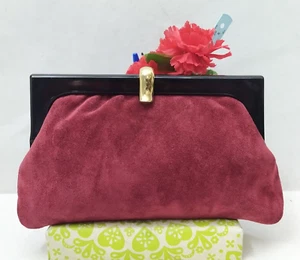 Burgundy Suede Pushlock Framed Closure Pouch Wallet - Made in Italy - Picture 1 of 16