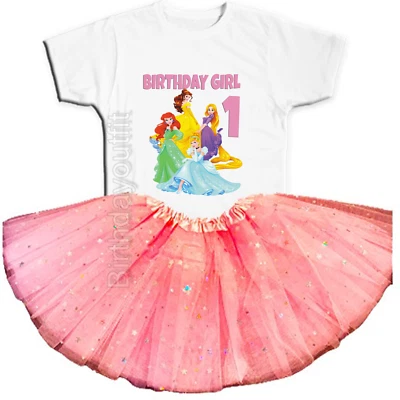 Disney Princesses Birthday Party 1st Pink Tutu Outfit Personalized Name option - Image 1 of 4