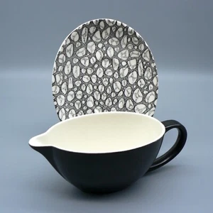POOLE POTTERY BLACK PEBBLE SAUCEBOAT & STAND C106 MID-CENTURY GRAVY DISH OVAL A1 - Picture 1 of 19