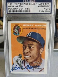 1991 TOPPS 1954 REPRINT HANK AARON ROOKIE SIGNED CARD BRAVES DEC HOF PSA DNA - Picture 1 of 2