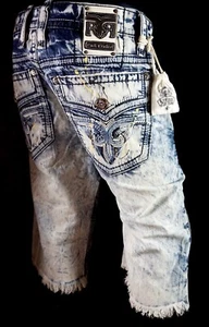 $220 Mens Rock Revival Jeans "Holman" Acid Wash Leather Inserts Shorts 38 - Picture 1 of 12