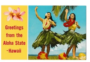 Lovely HULU MAIDENS Greeting ALOHA STATE Ti Leaf Skirts Leis Hawaii HI Postcard - Picture 1 of 2
