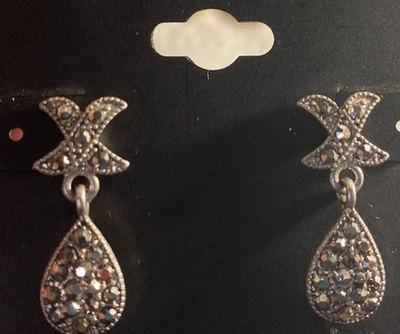 Apt 9 Earrings Silver Tone Dangle Drop Ornate Black Rhinestones NEW - Image 1 of 2