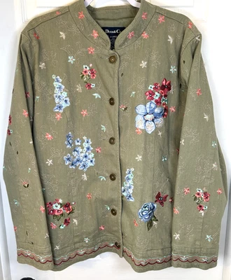 Chaqueta Denim & Co Mujer XL Verde Floral Bordada Abotonada Granero Abrigo Boho Foto 1 de 4