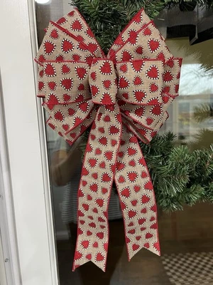 Handmade Large Red Tan  Sparkly Heart Valentines Day Bow for Wreath 10 x 16 in. - Image 1 of 4