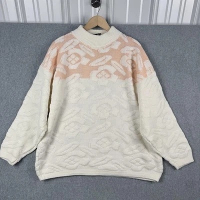 Suéter De Colección Justin Allen XTRA Para Mujer L Rosa Crema 3D Tejido Pullover Cuello Redondo Años 90 Foto 1 de 4
