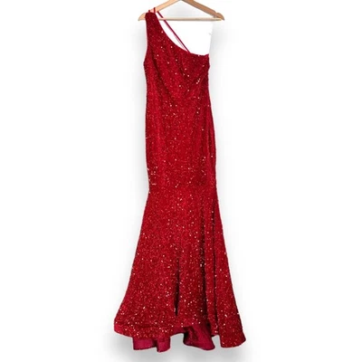 Vestido para mujer Faeriesty rojo lentejuelas terciopelo hasta el suelo sirena un hombro M/L Foto 1 de 4
