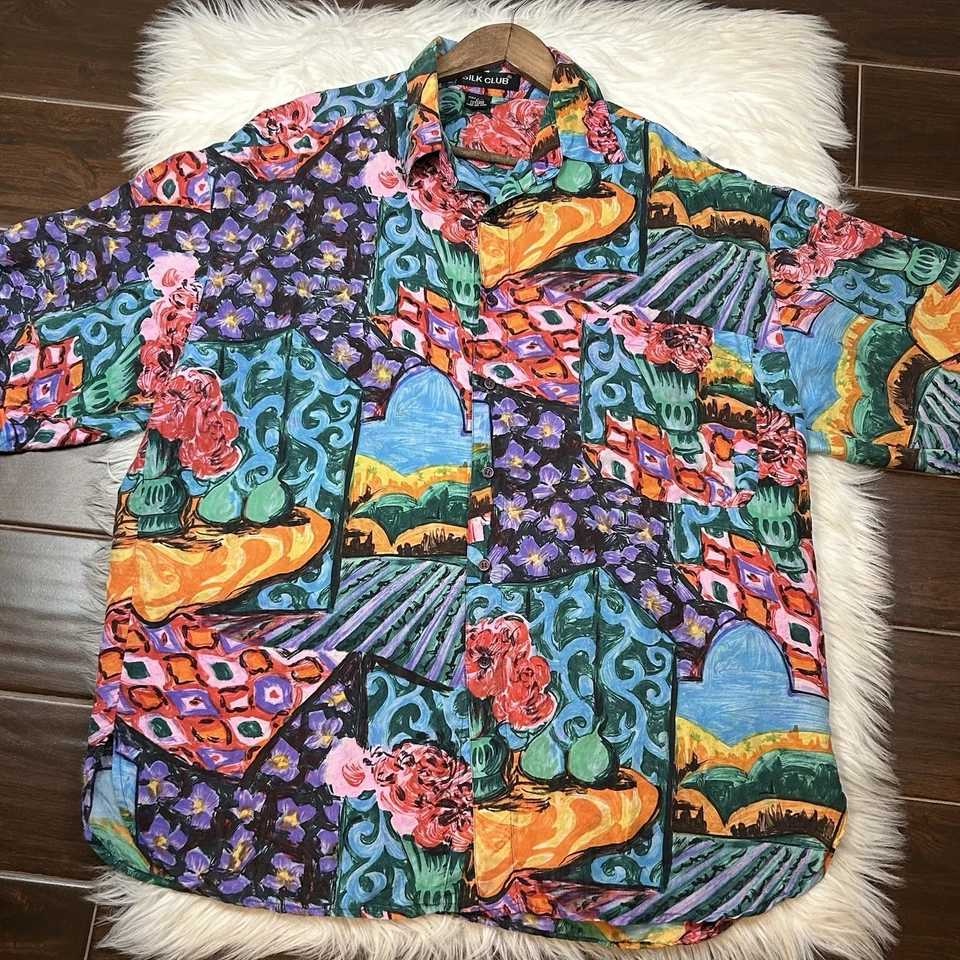 Camisa de campamento de seda vintage años 90 club para hombre L retro artística relajada escénica Foto 1 de 4