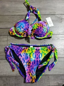 Women's 2 Piece Bikini Set, Wired Halter Push-Up Bikini Top + Tie Side Bottom M - Picture 1 of 6