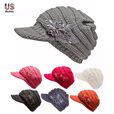 Женщин кабель трикотажа шляпа с цветочным акцентом серый милый козырек Beanie крышка мягкий теплый - Изображение 1 из 4