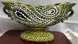 Relpo 5880 Green White Ceramic 2 Handled Footed Vase Planter Paisley Vintage - Picture 1 of 7