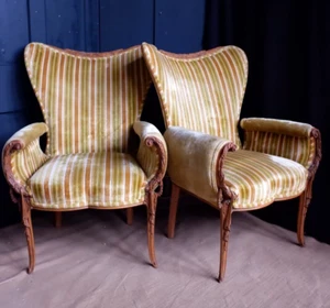 Pair of Vintage Armchairs FRENCH Louis Throne Carved Ornate Boudoir Chairs - Picture 1 of 13
