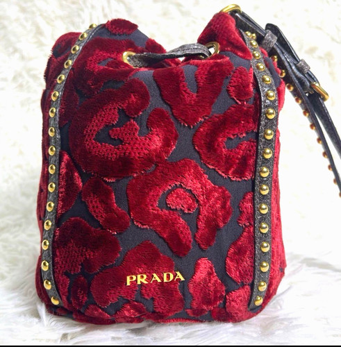Prada Mini Borsa a Mano in Velluto Rosso Nero Autentica 0136