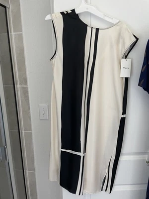 全新 - Theory Minimal 紧身连衣裙 尺寸 S ✨ ecru/黑色 Hans 条纹斜纹布 — 第 1/2 张图片