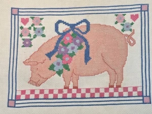 Completed Country Pig Floral Cross Stitch 11x8" Stitching - Picture 1 of 8