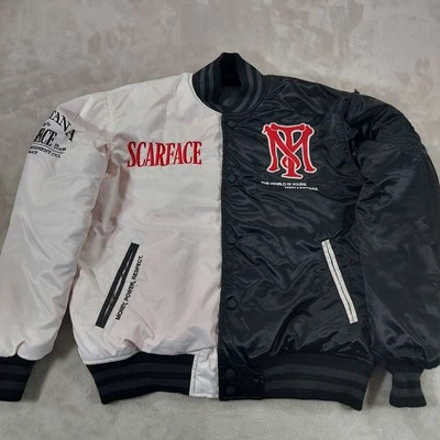 Scarface Shoe Palace Hombres Chaqueta Bombardero Universitario Mediana Botón Completo Satinado *DEFECTOS* Foto 1 de 4
