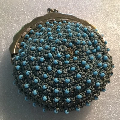 Crocheted Round Beaded Coin Purse 3" Diameter W/Blue Beads& Metal Kiss Closure. - Image 1 of 4