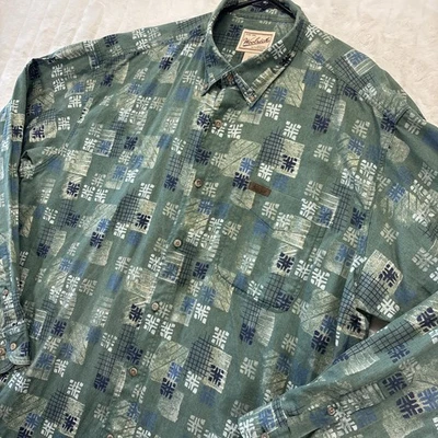 Camisa De Colección Woolrich Para Hombre XL Manga Larga Con Botones Verde Tiki Abstracto Cuadrado Foto 1 de 4