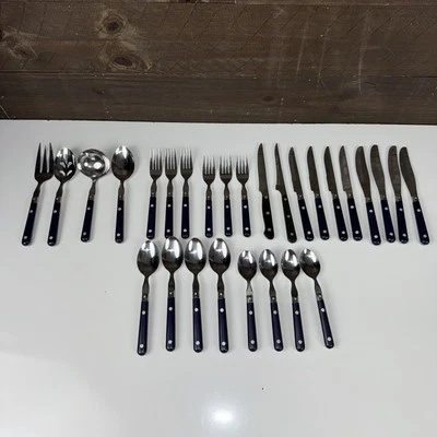 Talheres de aço inoxidável WF Mardi Gras cabo de plástico azul marinho feito na Coréia 28 peças. - Imagem 1 de 4