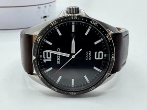Seiko Solar Watch 43mm Stainless Steel Case and Leather Strap SNE487 V157-ODV8 - Picture 1 of 11