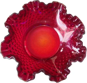 Fenton Ruby Red 7 1/2 Wide 2 1/2 Tall Ruffled Hobnail Glass Dish - Picture 1 of 6