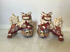 Vintage Large Pair Of Chinese Ceramic Lion Foo Dogs Playing Ball Heavy Gold Trim