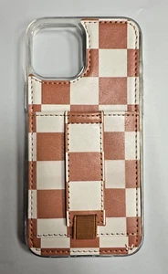 iPhone 14 Pro Max Case With Card Holder Finger Strap Wallet - Chestnut Checks - Picture 1 of 5