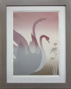 Mac Neil "Swans & Flowers I" signiert gerahmte Kunst Mid Century grau NEU - Bild 1 von 3