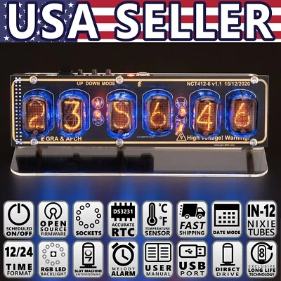 IN-12 Nixie Tubes Clock on Acrylic Stand with Sockets 12/24 UPS EXPRESS Shipping