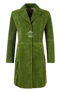 Women's Elegant Trench Leather Coat Lime Green Suede Knee-Length Designer Coat - Picture 1 of 7
