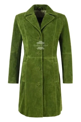 Women's Elegant Trench Leather Coat Lime Green Suede Knee-Length Designer Coat - Image 1 of 4