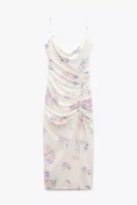 Zara White Floral Spring Lilac Open Leg Slit Midi Dress Ruched Ties Size Small - Picture 1 of 5
