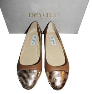 Jimmy Choo Flats Waine Gold Chain Cap Toe Ballet Tan Leather Ballerina  Shoes 35 - Picture 1 of 6