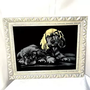 Vintage gerahmtes schwarzes Samt Gemälde von 2 Cocker Spaniels Welpen Hunde Kunst - Bild 1 von 12