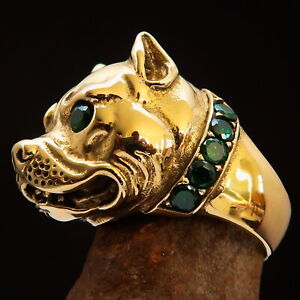 STUNNING MENS PET DOG LOVER RING PITBULL WITH GREEN CZ COLLAR SIZE 9