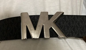 MICHAEL KORS BELT REVERSIBLE BLACK PRINTED MINI LOGO TO BLACK MK SILVER BUCKLE - Picture 1 of 8