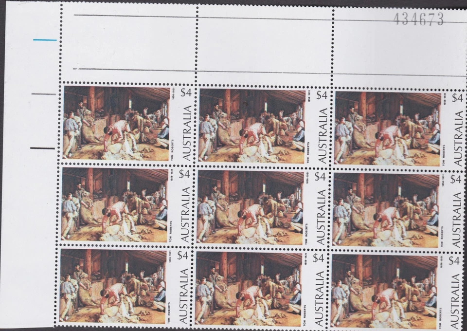 1974 $4 Shearing the Rams AUSTRALIA Block of 9 MNH w/- Sheet No. - Image 1 of 1