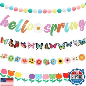 5 Pcs Spring Garland Decorations Hello Spring Banner Spring Felt Pompom Ball - Picture 1 of 5