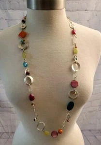 Collar Chicos Cadena Tono Plateado Multicolor Cuentas 36" Largo Cierre Langosta - Imagen 1 de 8