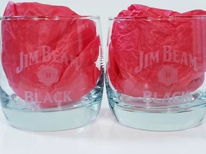 Pair Of Jim Beam Black Etched Rounded Glasses On The Rocks - Picture 1 of 9